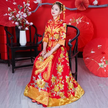 

RED Royal Female Cheongsam Marriage Suit Phoenix Embroidery Ancient Bride Dress Overseas Chinese Wedding Qipao Toast Clothes