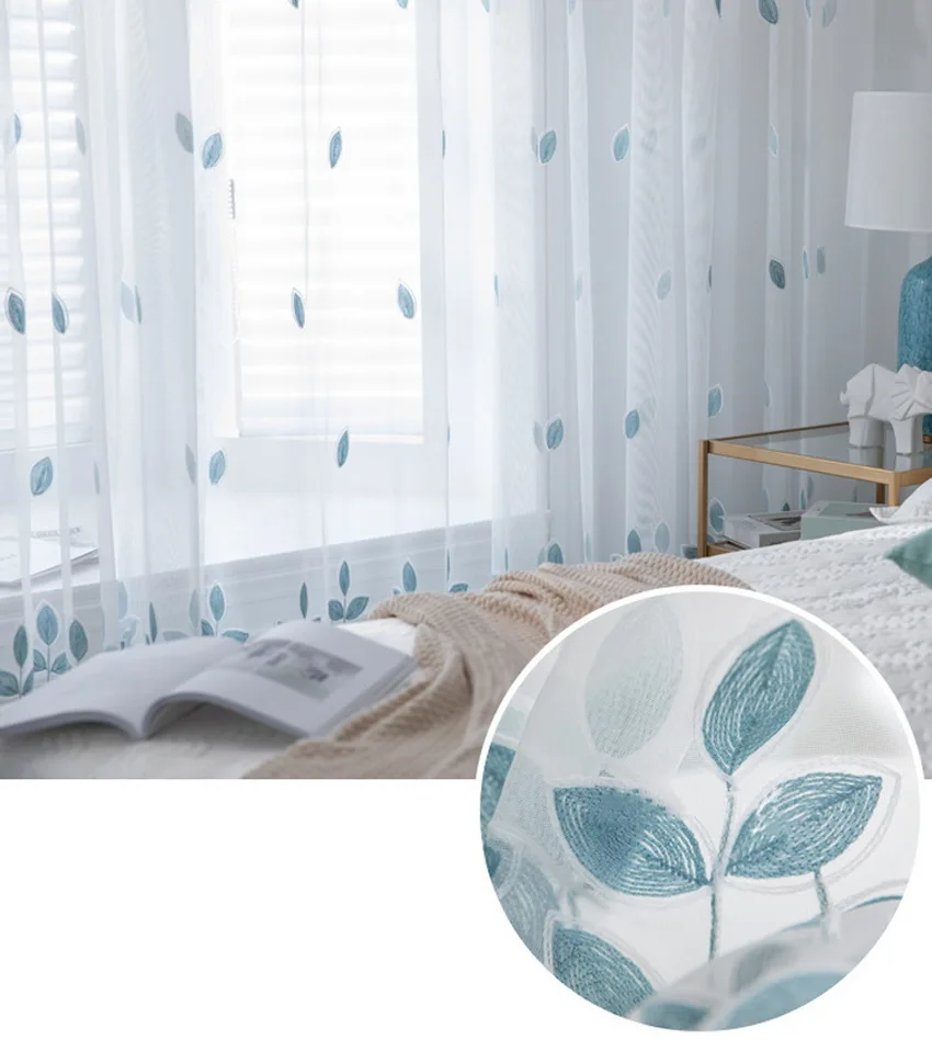 Blue Four-leaf Clover Embroidery Tulle Curtains For Living Room Sheer Panels White Voile Curtains For Bedroom Kitchen M099#4