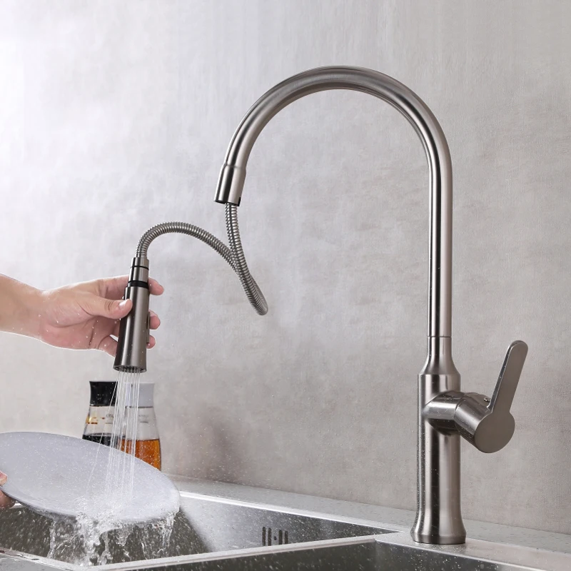 Brushed Kitchen Sink Faucet Save Water Pull Down Lead free Water Mixer Tap with Single Handle