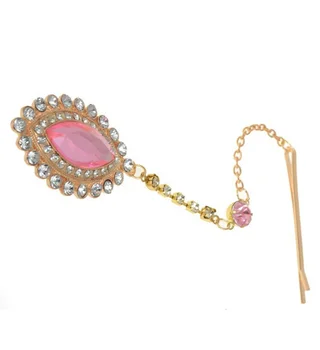 

Bride Hair Pin Cuff Wrap Rhinestone Pink Crystal Drop Pendant Forehead Chains Indian Head Jewelry Headband Wholesale 10Pcs