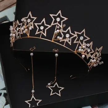 

Personality Delicate Star Shaped Golden Crown + Long Earrings Wedding Bridal Jewelry Set For Women Fashion Crystal Item: YHGW007