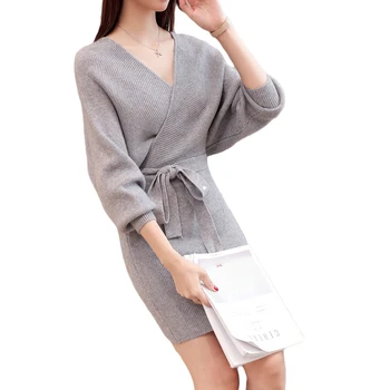 

Women Elegant Sweater Casual V-neck Dress New 2018 Autumn And Winters Long Solid Color Dresses Bat Sleeve Knit Belt Dress CM746
