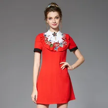 Ouyalin L-5XL Lolita Summer Dress Plus Size Frill Embroidery Detail Mandarin Collar Short Sleeve Slim Fit Short Dresses Red