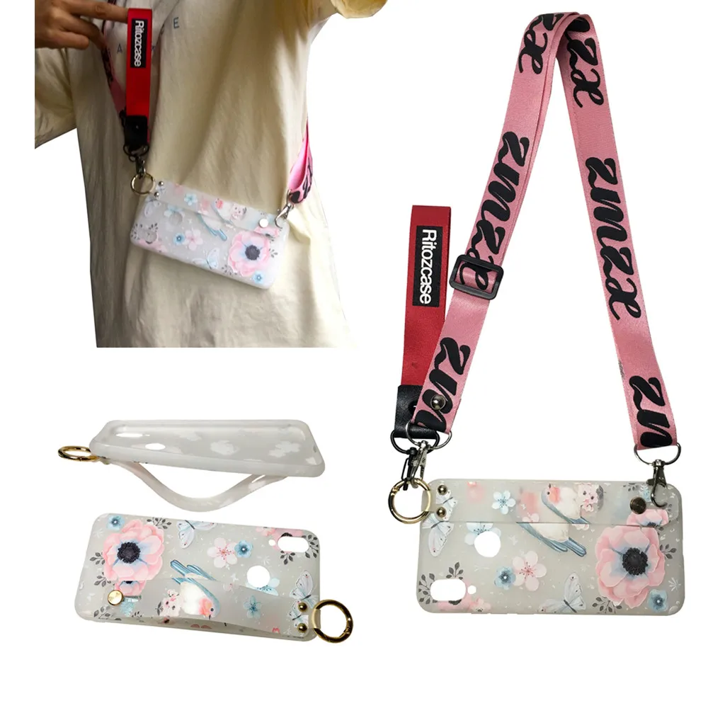 

flower bird wristband shoulder strap tpu case for xiaomi mi A1 A2 8 9 redmi note 5 7 5A 6 pro case cover fashion floral soft she