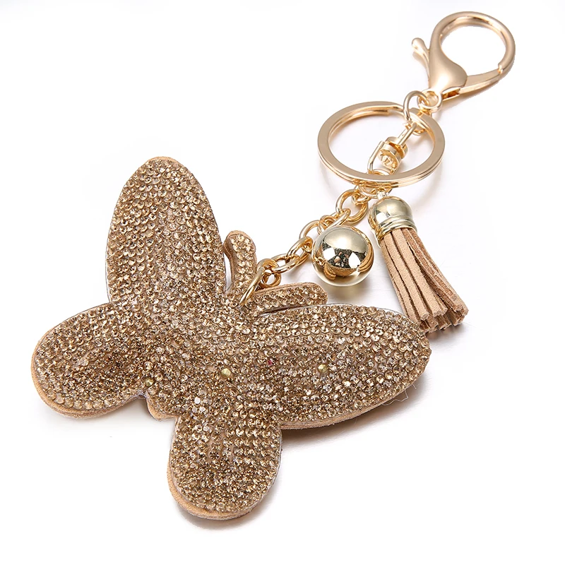 

9 Colors New Arrival PU Leather Keychain Girl's Romantic Rhinestone Butterfly Pendant Key Chains Rhinestone Bag Keychain Gift