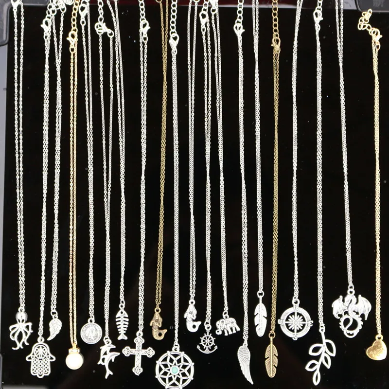 Necklaces Women Retro Colar Fashion Jewelry  Pendant Necklace Bijoux Tree Leaf Cross Feather Elephant Anchor Simulated Pearls