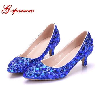 

Crystal Wedding Shoes 5cm Rhinestone Middle Heel Cinderella Prom Party Shoes Lady Formal Dress Shoes Royal Blue Gold Purple