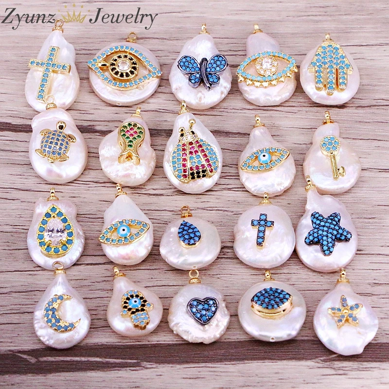 

10PCS, Mix Random, Tiny blue stones paved charm natural freshwater pearl beads charm pendants for jewelry making