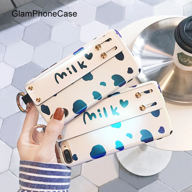

GlamPhoneCase Milk Print Phone Case For iphone X Case For iphone 6 6S 7 8 Plus Blu-ray Cartoon Back Cover Fashion Strap Capa