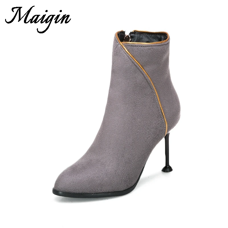 Maigin High Heels Ankle Women Boots Pointed Toe Flock Booties 2018 New Fashion Footwear Stiletto Big Size 34-43 Female Shoes