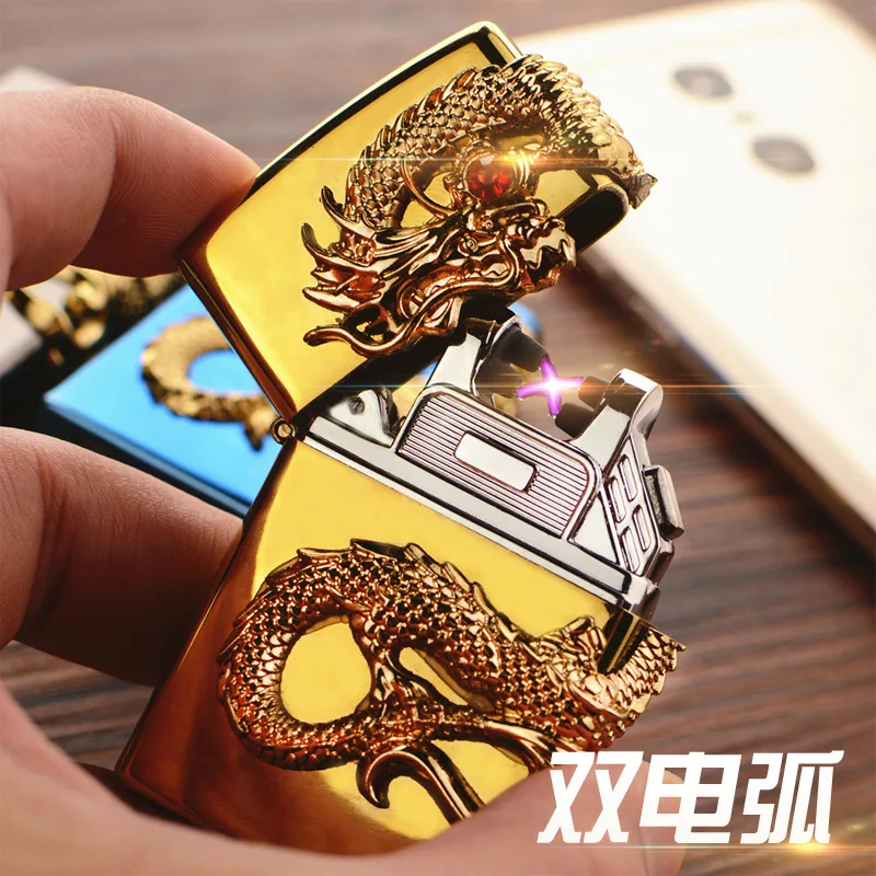 Новое поступление 3D Dragon двойная импульсно дуговая Зажигалка металлическая USB
