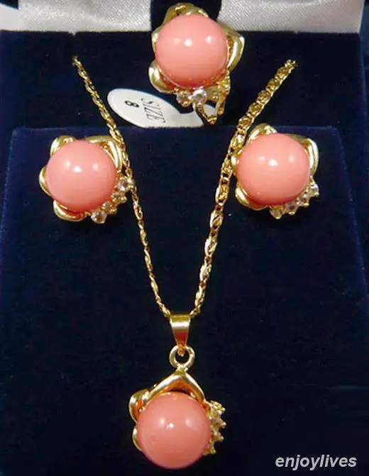 

Free shipping Pink Coral Yellow Gold Plated Crystal Pendant Necklace Ring Earrings Set
