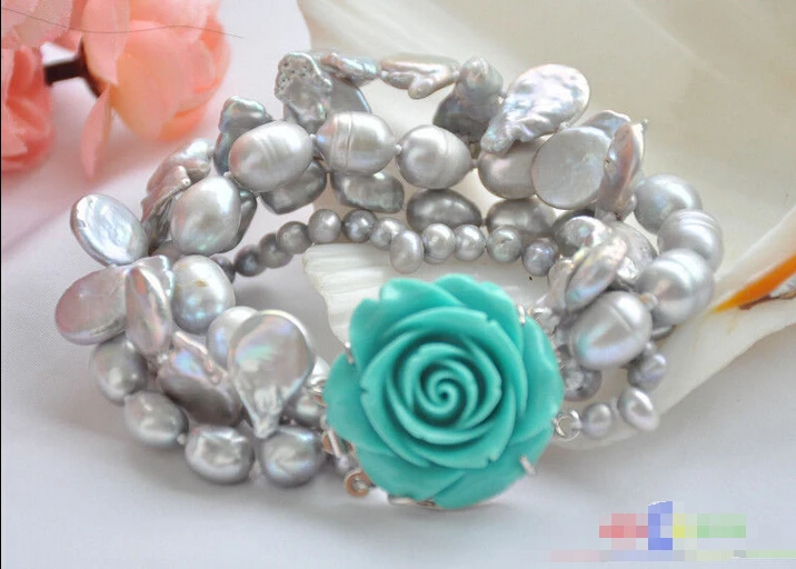 

Free shipping >>>>>>P5292 4row 8" 14mm gray coin baroque freshwater pearl braeclet