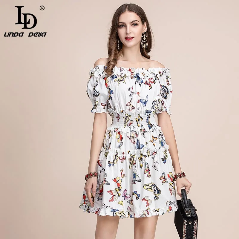 LD Linda della модные летние шорты платье Для женщин Слэш шеи с эластичной резинкой на талии, с принтом «бабочка» с оборками элегантное белое хлопковое платье - Цвет: Многоцветный
