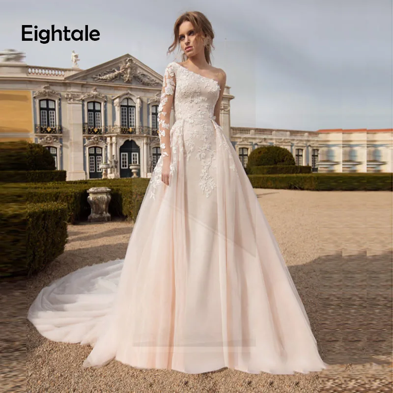 

Eightale Wedding Dresses Boho with Detachable Skirt One Shoulder Wedding Gowns Mermaid Appliques Lace Bride Dress 2019