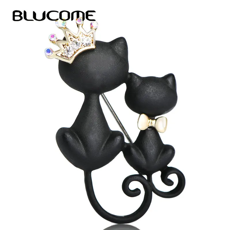 Blucome Couple Black Cat Brooches Austrian Crystal Queen Animal Sweater Decoration Gold color Women Suit Bow