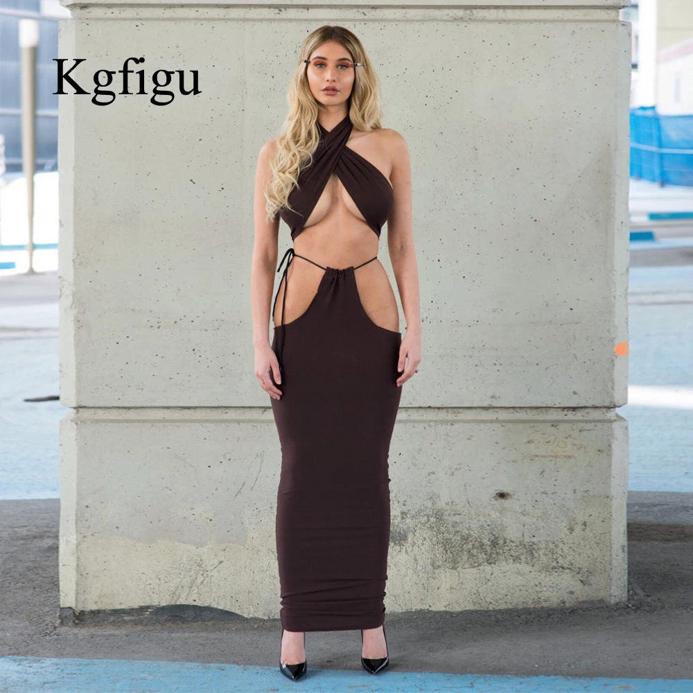 KGFIGU Two Pieces Sets 2021 Summer Cotton Backless Matching Outfits Sexy Halter Neck Tank Tops And Pencil Skirts Wholesale Price