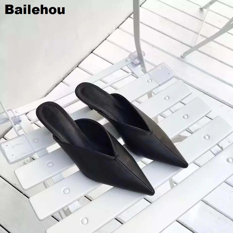 

Bailehou Spring Summer Women Mule Shoes Pointed Toe Runway Lady Med Heel Shoes Brand Slippers Medium Closed Modern Kitten Slides