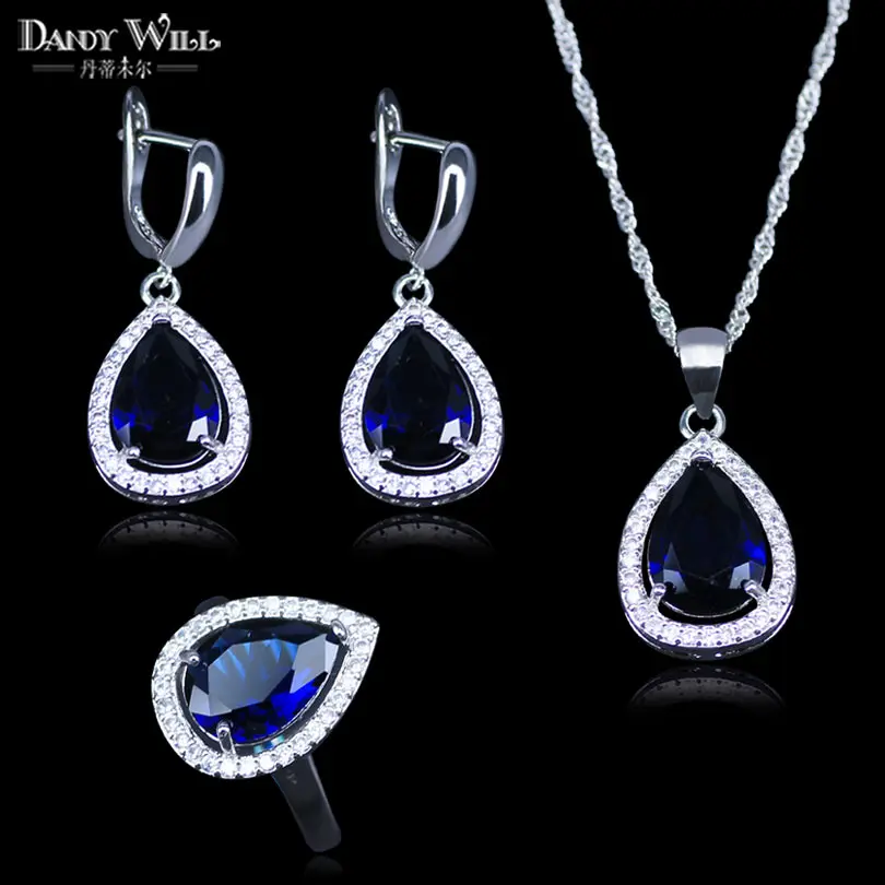 

A Brilliant Blue Zircon White Crystal 925 Logo Silver Color Water Drop Women Jewelry Set Earrings Ring Necklace Pendant