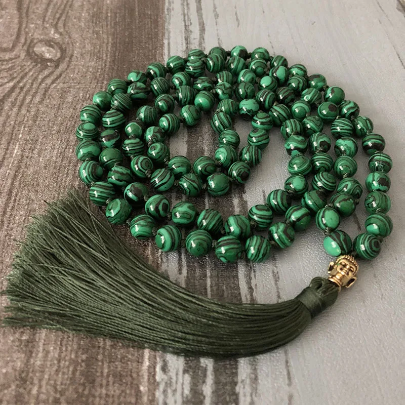 108 бусы Зеленый Малахит с кисточкой Мала ожерелье ручной работы Будда молитва бусы медитация ожерелье Япония колье мала