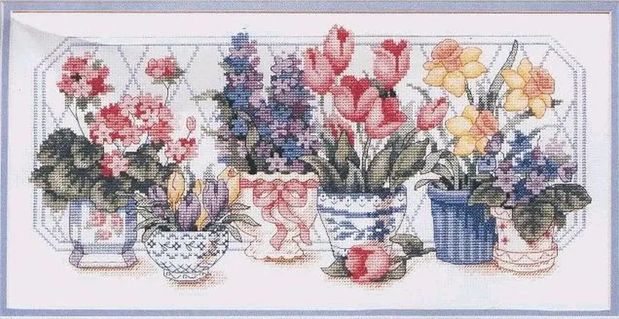 

Gold Collection Lovely Counted Cross Stitch Kit In a Shop A Row Of Flower Flowers and Pots Lineup dim 01442 1442