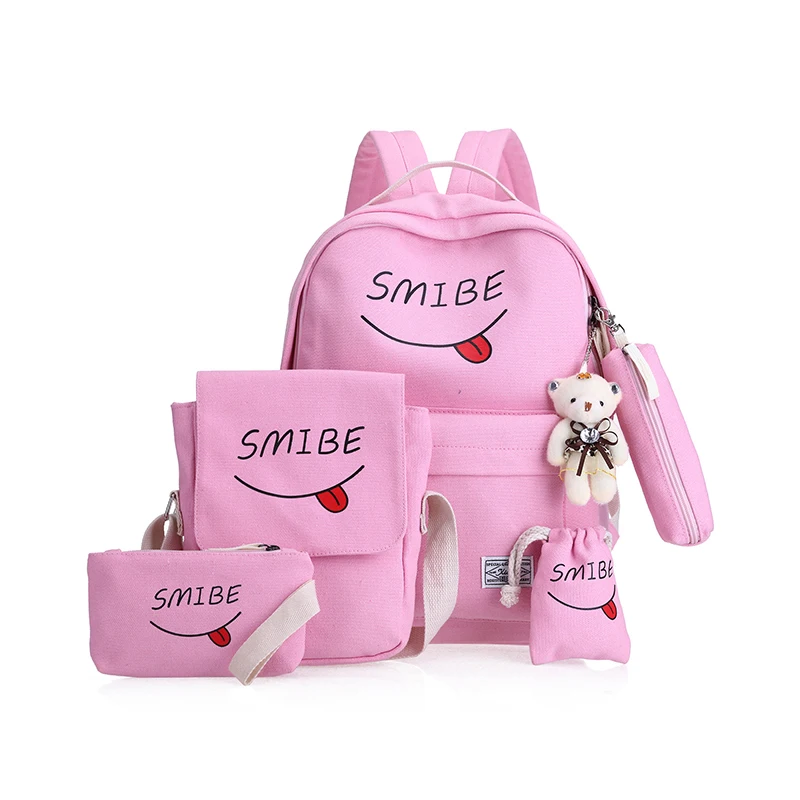 2017 New Women Canvas 5 Set Backpack Printing Students Bookbag 5 Pcs School Bag Set For Youth Girls With Purse Bear Mochila bookbags-for-girls