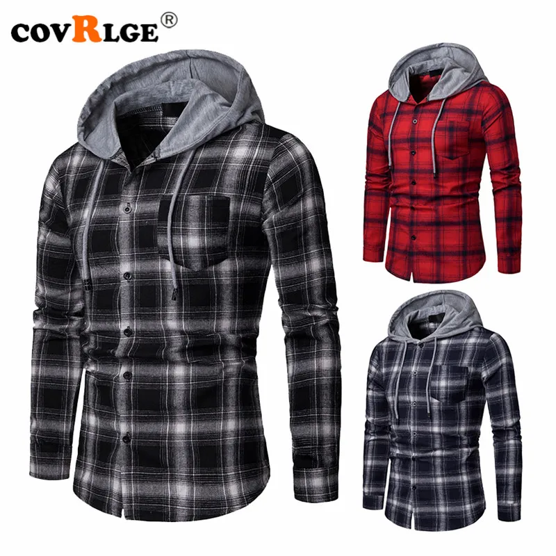 

Covrlge Young Black Plaids Long Sleeve Chest Pocket Single Button Check Adjustable Drawstrings Hooded Custom Mens Shirt MCL206