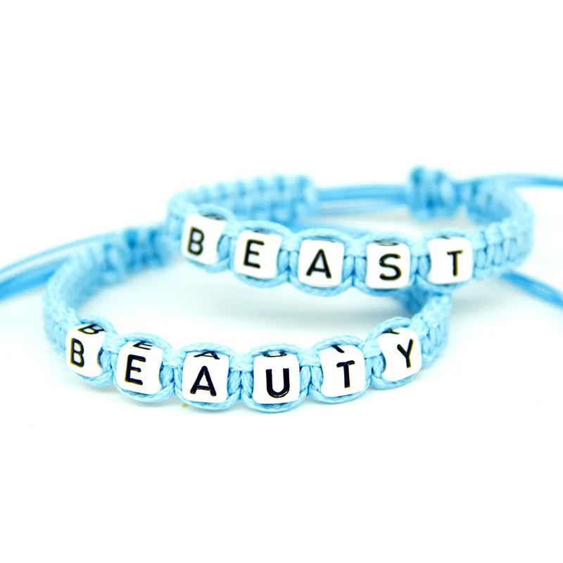 

2pcs/pair Couple Bracelets Beauty And Beast Sky Blue Rope Chains Lovers Gift Handmade Boyfriend Girlfriend Gift Charm Bracelets