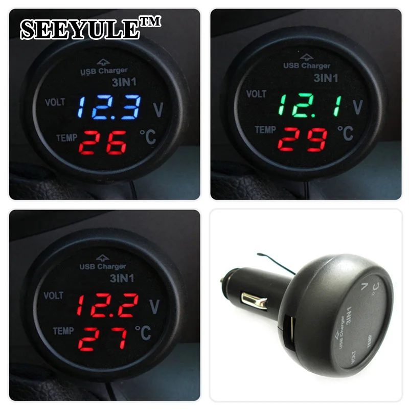 

SEEYULE 3 in 1 Digital LED car Voltmeter Thermometer Auto Car USB Charger 12V/24V Temperature Meter Voltmeter Cigarette Lighter