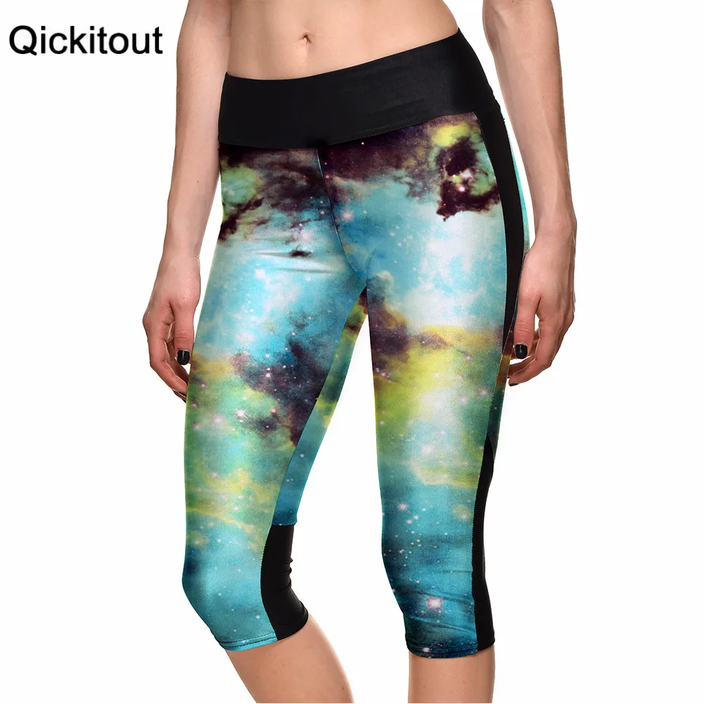 

Plus size Fashion Hot women's 7 point pants Sexy ladies Galaxy Green Star digital print women high waist Side pocket phone pant