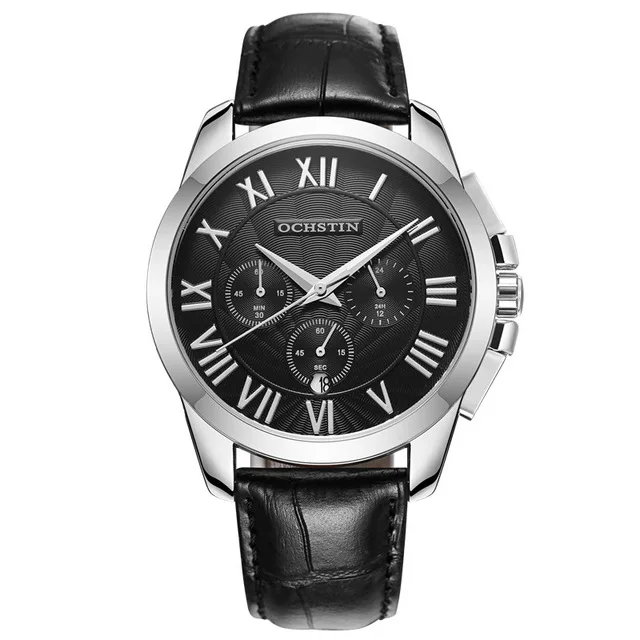 Новые OCHSTIN мужские часы модные спортивные кварцевые часы кожаные роскошные Брендовые мужские часы многофункциональный хронограф наручные часы - Цвет: 059B BLACK SILVER
