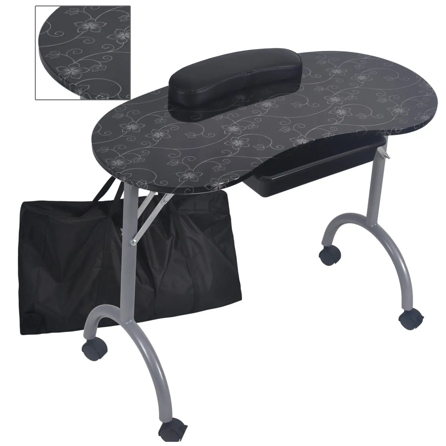 Модный узор с мешок стабильной и прочный съемный Портативный складной столик для ногтей с подвижное колесо ящик MT-017F