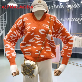 

ALPHALMODA College Leopard V Collar Sweater Women's Top 2018 New Autumn Winter Loose Lazy Casual Pull Femme Hiver Jumper