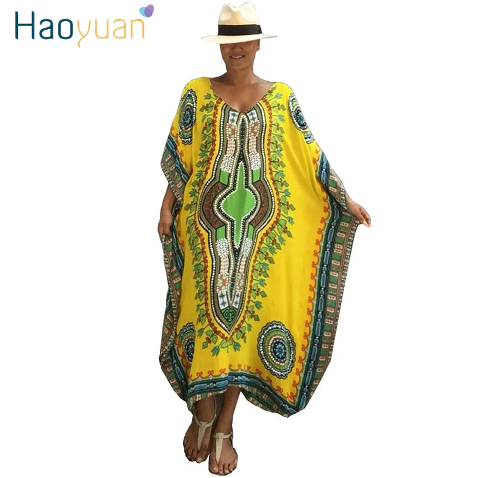 HAOYUAN الأفريقي طباعة قفطان زائد حجم الشاطئ اللباس النساء Dashiki الصيف فساتين العرقية بوهو البوهيمي رداء فضفاض طويل ماكسي اللباس