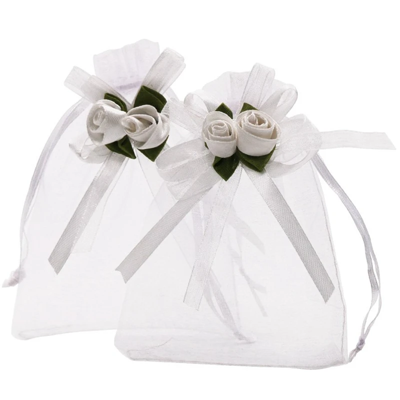 

3.9X4.7 Inches Sheer Organza Wedding Favor Gift Bags White Rose Drawstring Pouches, Pack Of 50