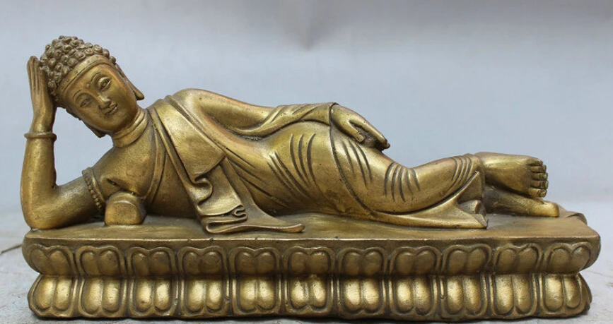 

8" Chinese Tibet Pure Brass Copper Sleep Shakyamuni Sakyamuni Buddha Statue