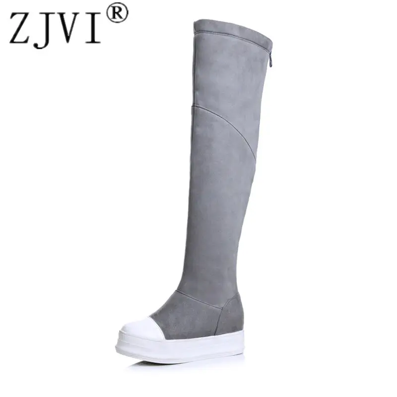 2015 Ladies Nubuck Flock Winter Shoe Woman Over The Knee Boot Women Black Gray Platform Shoes