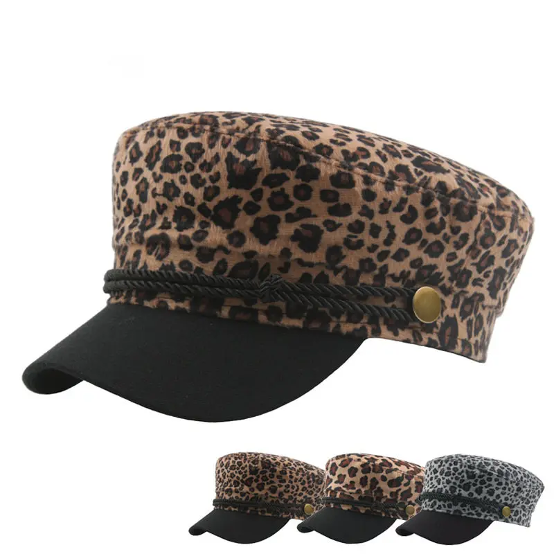 

Leopard Print Casual Hat Women Rope Flat Top Winter Cap Female Casual Baseball Hats Gorras Fashion Military Newsboy Cap