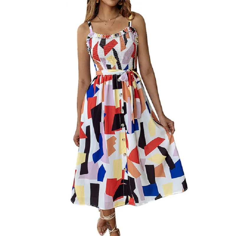 Ruffle Strap Women Dress Multicolor Plaid Midi Beach Dress New 2019