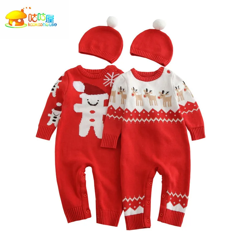 

New 2016 autumn winter rompers newborn baby clothes girls / boys overalls kids Knitted cotton christmas jumpsuits + hats sets
