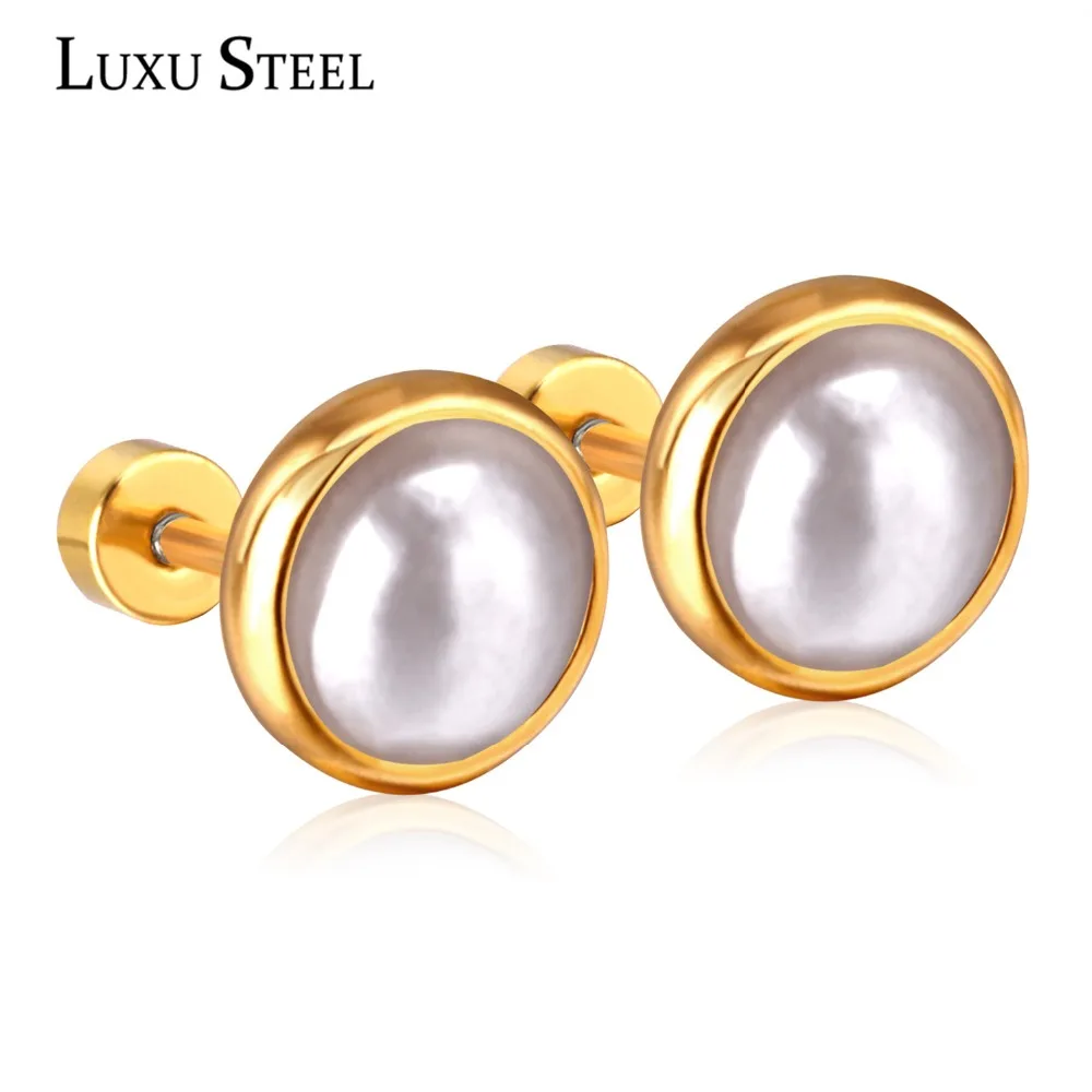 

LUXUSTEEL Screw Stud Earrings For Women Gold/Silver Color Size 4mm/6mm/8mm/10mm Semicircle Imitation Pearl Earring Mujier