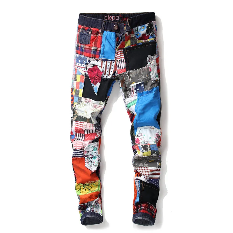 

Famous Brand Fashion Designer Button Fly Jeans Men Straight Colorful Fabric Patchowrk Printed Mens Jeans Ripped Jeans Size 29-38