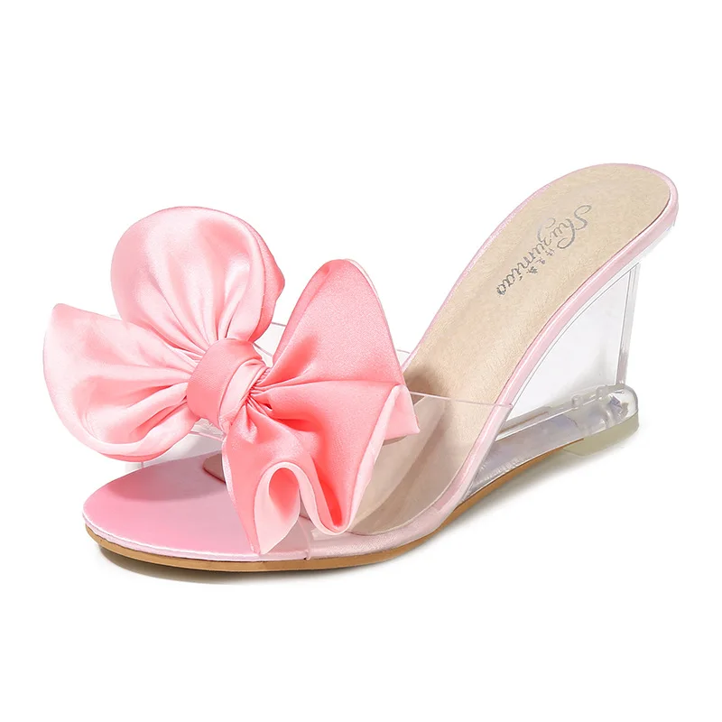 Butterfly-knot High Heel Sandals Women Summer Flower Crystal Shoes Lad Transparent Heels Peep Toe Wedges Ladies Sexy Sweet Shoes - Цвет: pink