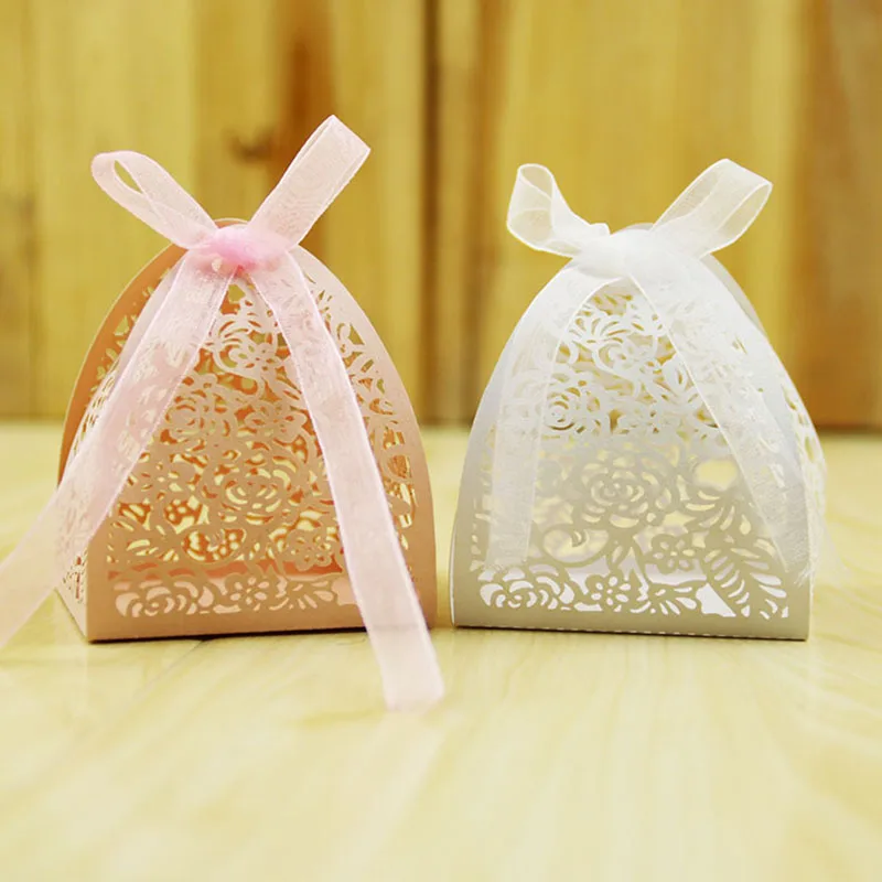 

JUMI 10pcs Laser Cut Favor Box Pink White Rose Flower design Laser Cut Candy Boxes for Wedding Favors Gifts Party Decoration