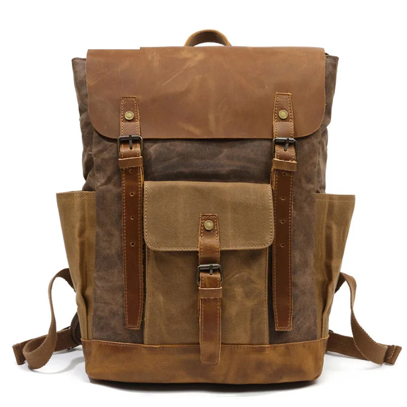 

Vintage Waxed Canvas Men Backpack Large capacity Military Oiled Leather School Backpack Male Rucksack Waterproof Travel Bag