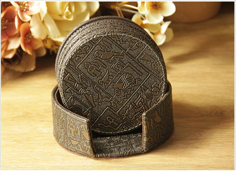 

6PCS/set 10cm round leather bar coffee house drink cup coaster heat insulation pad bar dining table mats ancient Egypt 4004