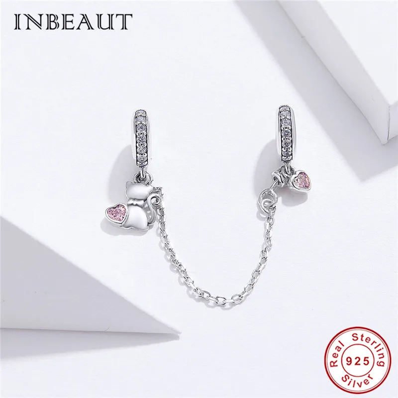 INBEAUT,, 925 пробы, серебряный, милый, женский, мужской, пара кошек, силиконовая цепочка безопасности, Подходит для Пандора, браслет, розовый, циркон, кошка, талисманы