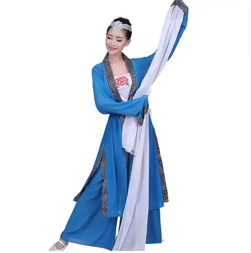(0173) Chinese Classical legend dance red/blue water sleeves costumes long sleeves fan Poetry fairy stage performance clothing