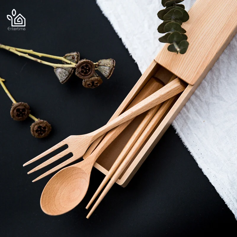 

Entertime handmade Wood Flatware Set utensil Service for 3 Cutlery Set with a wooden box include chopsticks fork spoon