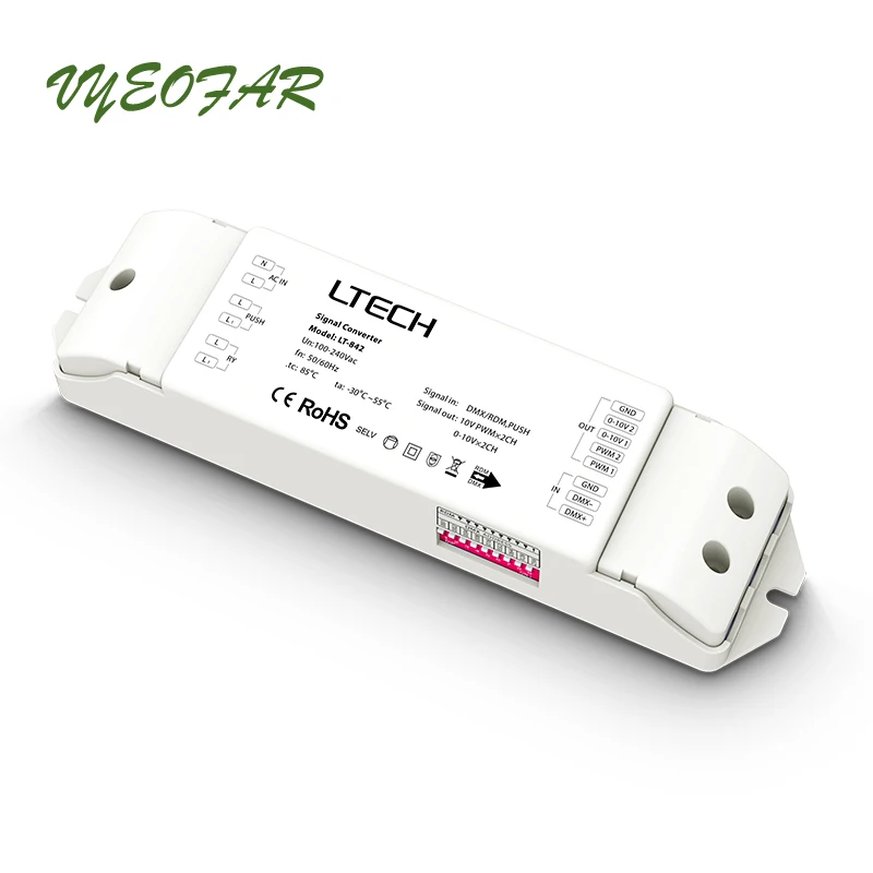 

LTECH Led DMX to 0-10V 10V PWM Converter 100-240V AC DMX/RDM, PUSH DIM 0-10V 10V PWM 2 Channel Output Led Dimming Driver Module